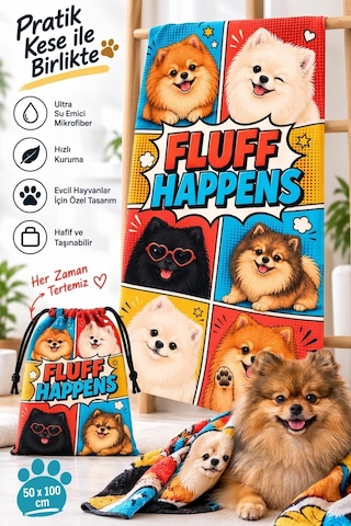 Kedi & Köpek Kurulama Havluları Pomeranian Desenli Hızlı Kuruyan 50x100cm