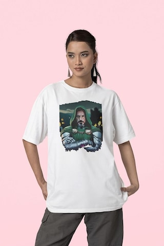 Doom Baskılı Unisex Tişört, Oversize Doctor Doomstay Marvel Karak Beyaz