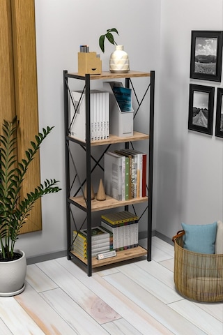 Morpanya Nora Metal Tekli Kitaplık 4 Raflı Çok Amaçlı Dosya Kitap Rafı Ofis Salon Rafı Ceviz