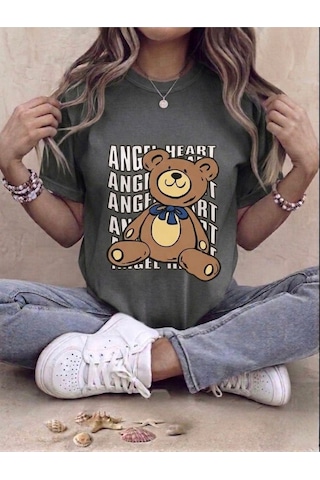 Unisex Ayıcık Baskılı Kompakt T-shirt Gri