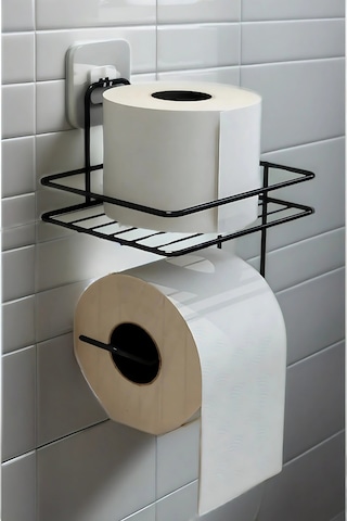 Buççin Online Mağaza Siyah Metal Yapışkanlı Tuvalet Kağıdı Tutucu Raflı Modern Banyo Aksesuarı Metal Tuvalet Kağıtlık M Çok Renkli