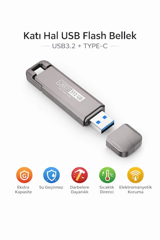 512 Gb Flash Bellek, Usb 3.2 + Type-c, 500mb/s Okuma, 450mb/s Yazma Hızı, Çift Bağlantı Noktalı, Darbeye Dayanıklı, Anti Manyetik, Sıcaklığa Dayanık -