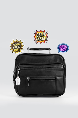 Westbag Erkek Siyah Yatay Model Çelik Kasalı Hakiki Deri El Ve Omuz Çantası Orta Boy