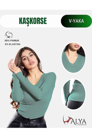 Alya Underwear Pamuklu Kaşkorse V Yaka Body Sweatshirt, Fitilli Kumaş Likralı Bluz, Asker Yeşili Badi Okaliptus
