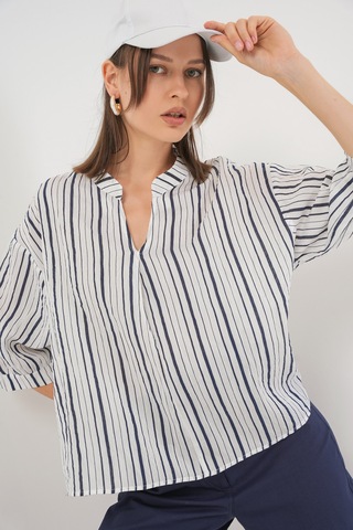 Bigdart Kadın Çizgili Oversize Bluz 967 - F.Lacivert