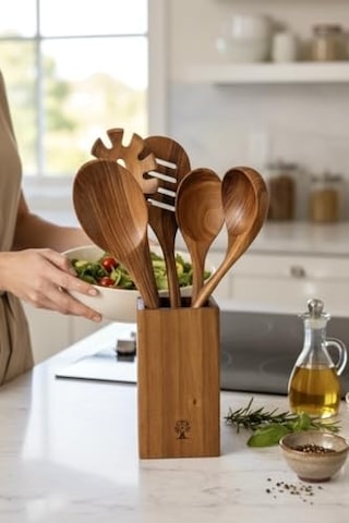 El Yapımı Koyu Ceviz 6 Parça Luks Ceviz Stantlı Tahta Kaşık &spatula Mutfak Seti Çok Renkli