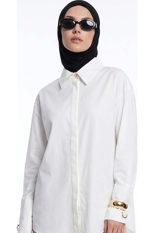 Armine Trend Gizli Düğmeli Oversize Gömlek Ekru 25kt304