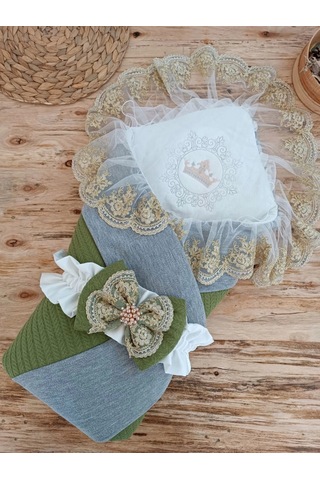 Yenidoğan Teri Cotton Taç Nakışlı Prizma Taş Kundak Bebek Battaniyesi Yeşil