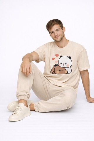 Sevimli Panda Baskılı Sevgili Kombini Çift Tişört Oversize Unisex Bej