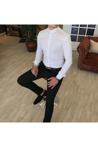 Italyan Kesim Slim Fit Erkek Küçük Yaka Gömlek Beyaz T4800