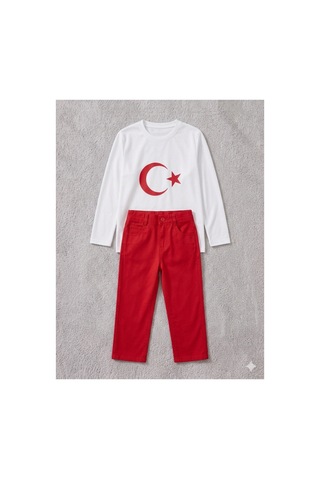 Çlm Store Likralı Kırmızı Pantolon Ve Uzun Kollu Ayyıldızlı Tişört Kırmızı-beyaz Kırmızı-beyaz