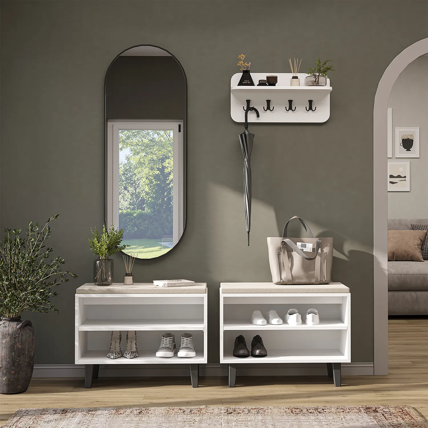 Nord Vestiyer Takımı Askılıklı, Modüler, Bench, Oval Aynalı Portmanto Takımı Beyaz