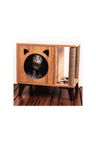 Tahta Karınca Minimalist Tırmanma Halatlı Mobilya Kedi Evi + Mama Kabı