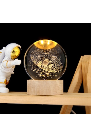 Mufunye 6cm Dünya Kristal Top + 6cm Yuvarlak Isımsı Işıklı Ahşap Tabanlı Usb Güneş Sistemi 3d Işıklı Masaüstü Dekoratif Aydınlatıcı Hediyelik Ürün