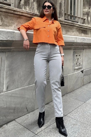 WeShaya Kadın Gri Yüksek Bel, Rahat Kesim, Boru Paça, Skinny Kot Pantolon - Jeans Açık Gri