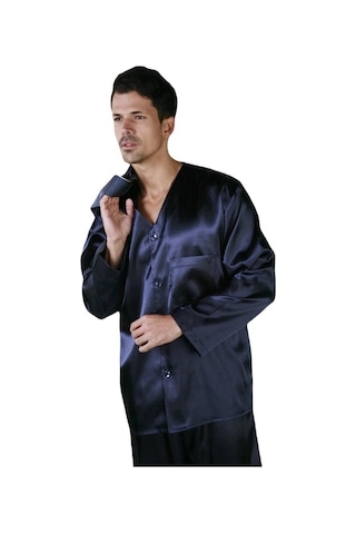 Ancelo 333 Saten Pijama Takım Ve Robdöşambr 3lü Damat Çeyiz Set Lacıvert