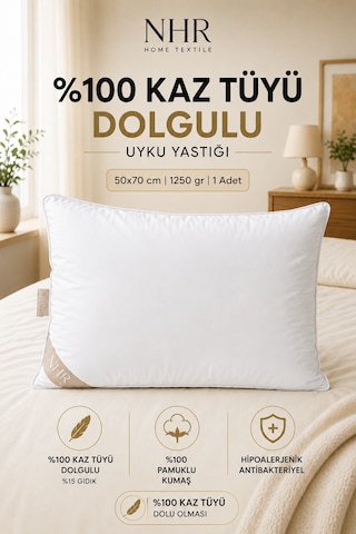 %100 Kaz Tüyü Dolgulu,%15 Gıdık Uyku Yastığı/50x70 1250gr/1 Adet