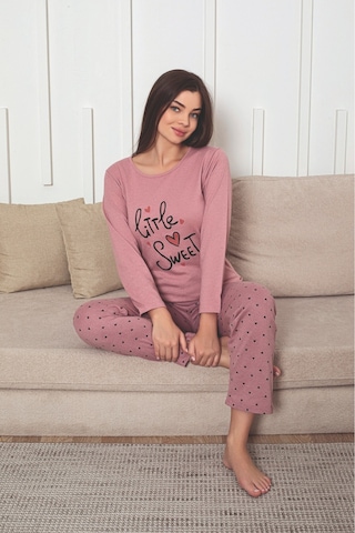 Kadın Baskı Detaylı Uzun Kollu Kalp Desenli Pijama Takım Pembe