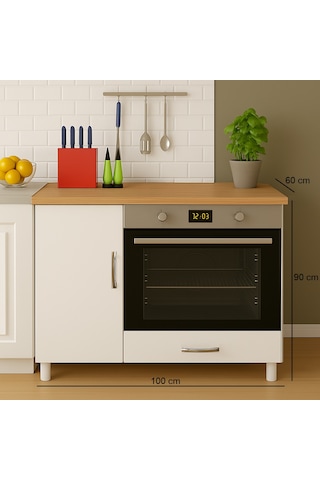 100lük Ankastre Fırın Ve Ocak Dolabı, Set Üstü Ocak Dolabı, Çok Amaçlı Dolap, Mutfak Dolabı Meşe - Beyaz