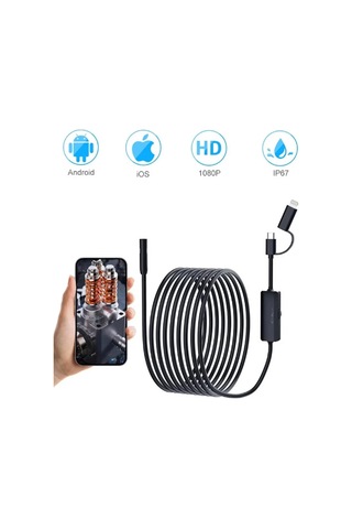 Endoskop Yılan Video Kamera Ios Ve Android Uyumlu Led Li 10 Metre 8 Mm Sert Kablo 2mp