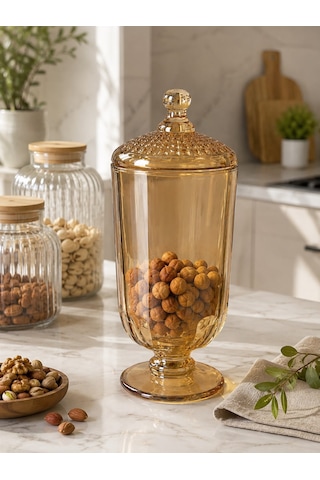 Chacha Home Cam Kapaklı Ayaklı Drajellik & Şekerlik 780 Ml - 24 Cm Bal Rengi