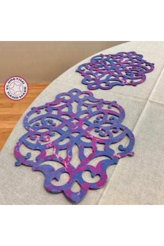 Uretti - Gülin 6449 - Ebru Sanatı İle Elde Yapılmış Lazer Kesim Keçe Supla 2li Takım 40cm - Mor Mor