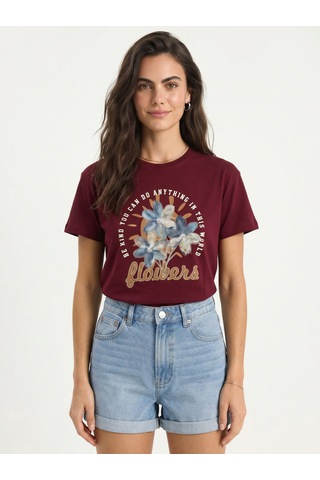 Onloox Kadın Bordo Bordo Pamuklu Bisiklet Yaka Kısa Kollu Yazı Baskılı Kabartma Çiçek Aplikeli Basic T-shirt