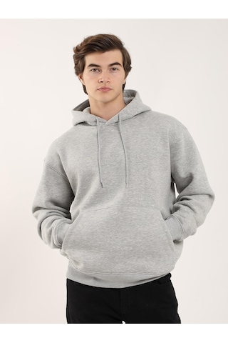 Dufy Erkek Oversize Düz Pamuklu Kapüşonlu Sweatshirt Gri Melanj - 103742 Gri