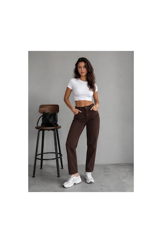 Kene Jeans Kahverengi Keten Kemer Tokalı Mom Pantolon Kahverengi