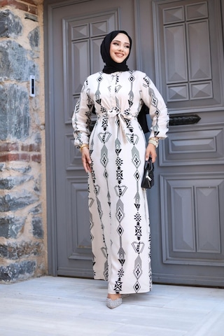 Hira Life Fashion Kadın Tesettür Geometrik Desen Önü Düğmeli Ve Bel Kuşaklı Viskon Elbise Beyaz Beyaz