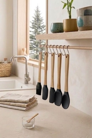 5'li Silikon Ve Bambu Saplı Mutfak Gereçleri Seti-spatula,fırça Servis Maşa Seti siyah