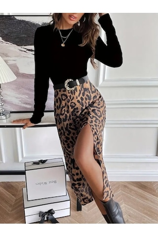 Efnaz Style Kadın Uzun Kollu Bisiklet Yaka Ithal Krep Bluz Alt Desenli Modal Midi Elbise Siyah