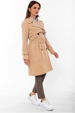 Pastelastore %100 Pamuk Gabardin Midi 95cm Astarlı Kemerli Kadın Trençkot 1113 Açık Bej