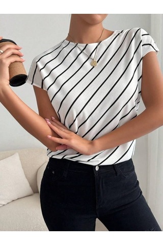 Simala Kadın Kısa Yarasa Kollu Bisiklet Yaka Çizgi Desenli Atlas Bluz Beyaz
