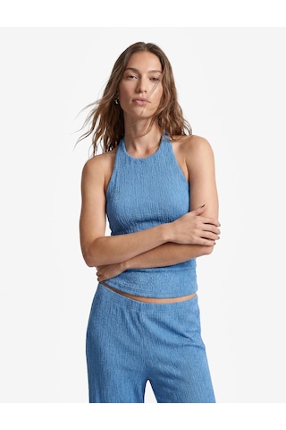 Koton Koton X Sibil Çetinkaya - Bürümcük Kumaş Sırt Dekolteli Kobalt Halter Yaka Bluz Mavi 6sak10075uk