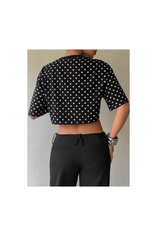 Hımmelduf Kadın Puantiye Desenli Crop Tişört Basic Oversize Yazlık Bluz Siyah