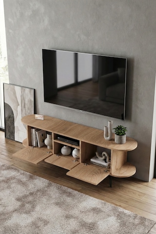 Tv Sehpası 160 Cm Modern 3 Kapaklı Tv Sehpa Çok Amaçlı Konsol Ünitesi Mira Bej