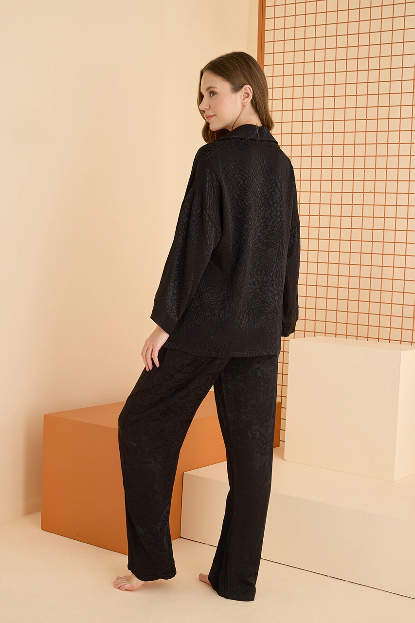 Nbb Kadın Siyah Önden Düğmeli Pijama Takım Siyah