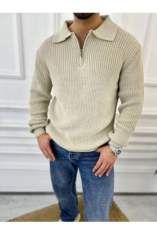 Kazak Oversize Tüylenmez Naturel Pamuk Fermuarlı Polo Yaka Örme Triko Kazak Krem