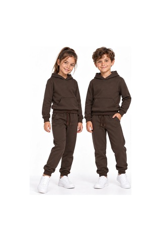 Rony Pony Kids Unisex Kız Erkek Çocuk Kahverengi 2 İplik Kapüşonlu Kanguru Cepli Eşofman Takımı