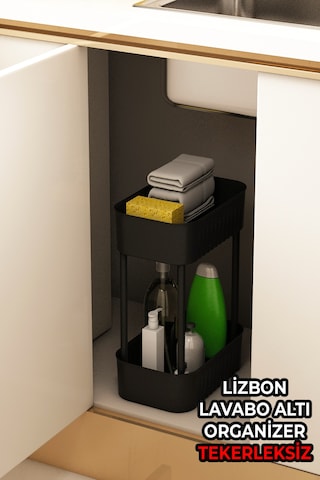 Lizbon Çok Amaçlı 2 Katlı Banyo Organizer Düzenleyici Dolap Içi Tezgah Altı Tekerleksiz Organizer Siyah