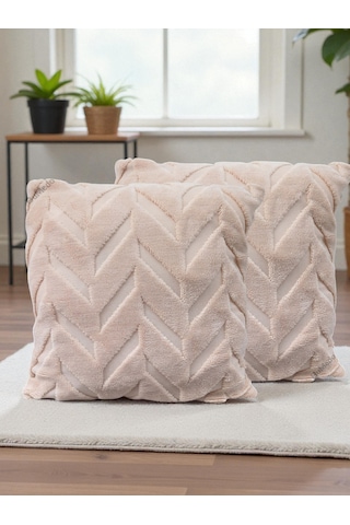 İskandinav Stil Peluş Yumuşak Dokulu Dekoratif Kırlent Kılıfı 2 Li Set 43x43 Cm Vizon Balıksırtı