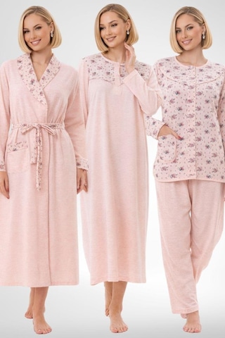 Mecit Pijama Mecit 6321 Pudra Büyük Beden Kadın Sabahlık Pijama Gecelik Set