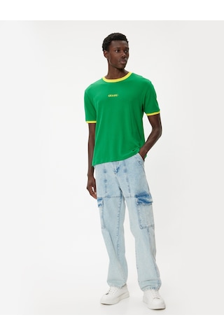 Koton Slim Fit Tişört Slogan Baskılı Kısa Kollu Bisiklet Yaka Yeşil 4sam11078hk Yeşil