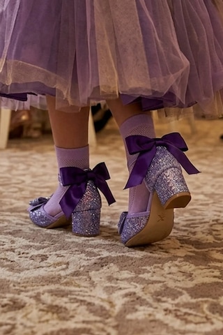 Nese Shoes Kız Çocuk Arkası Fiyonklu Topuklu Ayakkabı, Simli Fiyonklu Abiye Ayakkabı Mor Sade Mor-af
