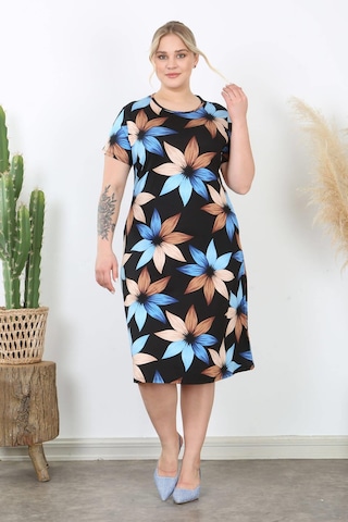 Kadın Mavi Kahve Çiçek Desen Midi Elbise Mavi Kahve Mavi - Kahverengi