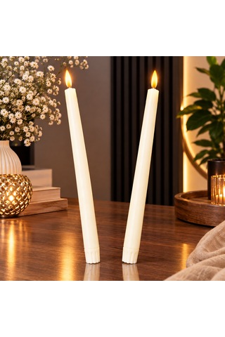 2 Adet Krem Renk Led Işıklı Uzun Şamdan Mumu Gün Işığı Led Işıklı Şamdan Mumu Led Işıklı Mum 27 Cm