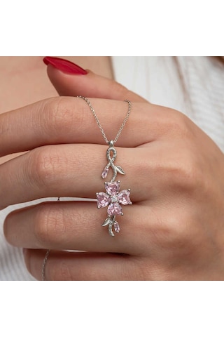 Gümüş Dönen Pembe Yonca Kadın Kolye Sl9052 Gümüş