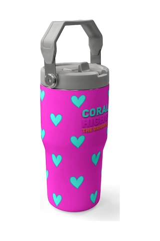 Coral High Neon Pembe Su Yeşili Kalp Desenli Katlanır Ağızlıklı Çelik Termos 600 Ml 38908 Pembe
