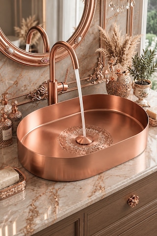 Alfas Aura Oval 60 Cm Pvd Rose Gold Tezgah Üstü Çanak Lavabo 304 Paslanmaz Çelik 2.0mm